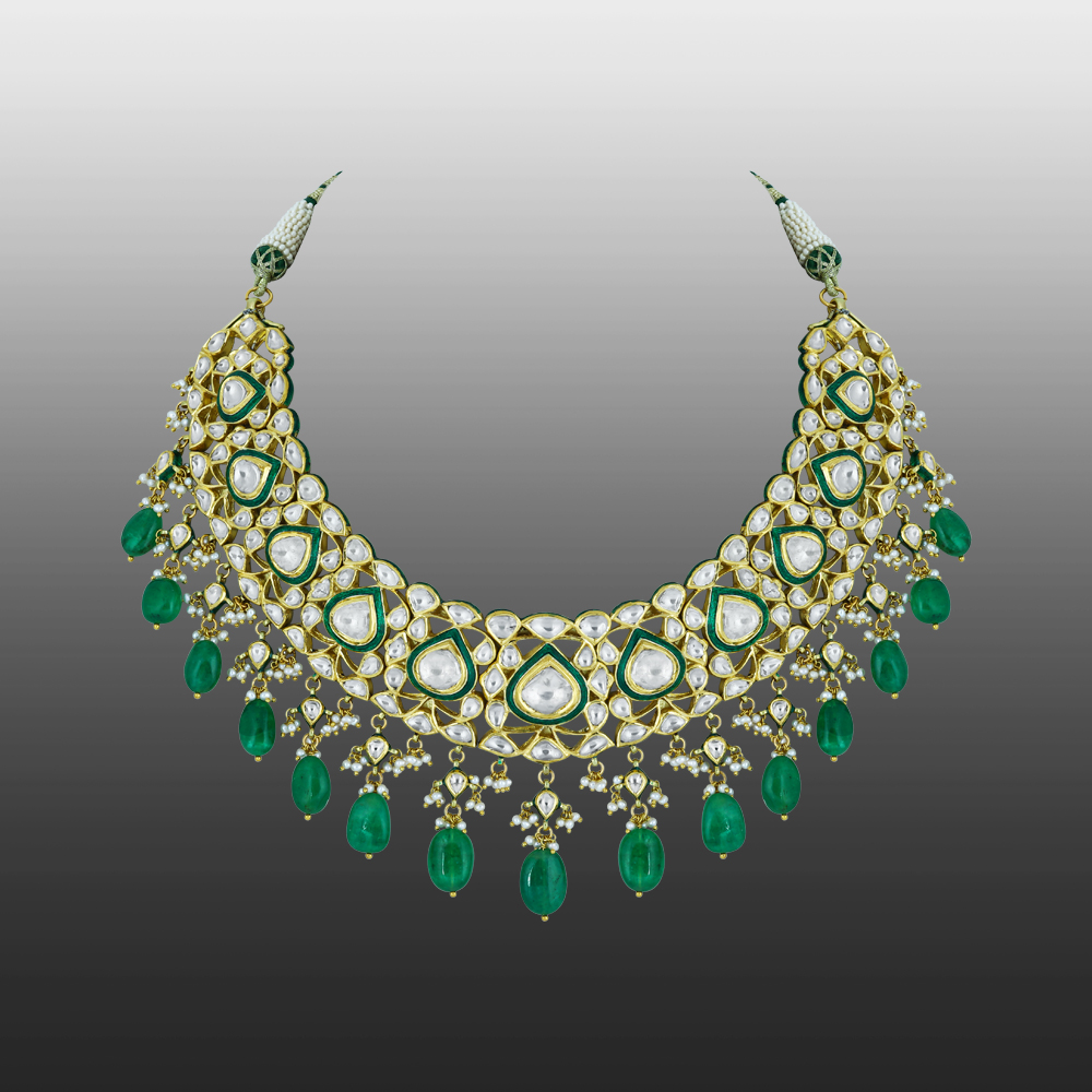 Polki Necklace with Green Enamel and Emerald Drops